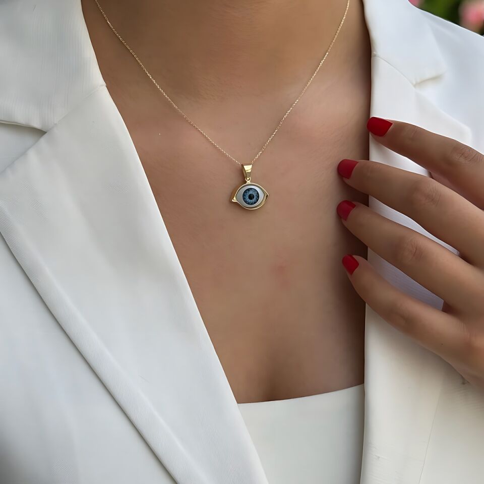 14 AYAR ÖZEL TASARIM MAVİ GÖZ KOLYE