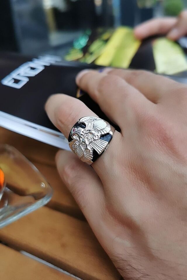 14 Ayar Özel Tasarım Siyah Oniks Taşlı Kartal Figürlü Beyaz Altın Yüzük 26