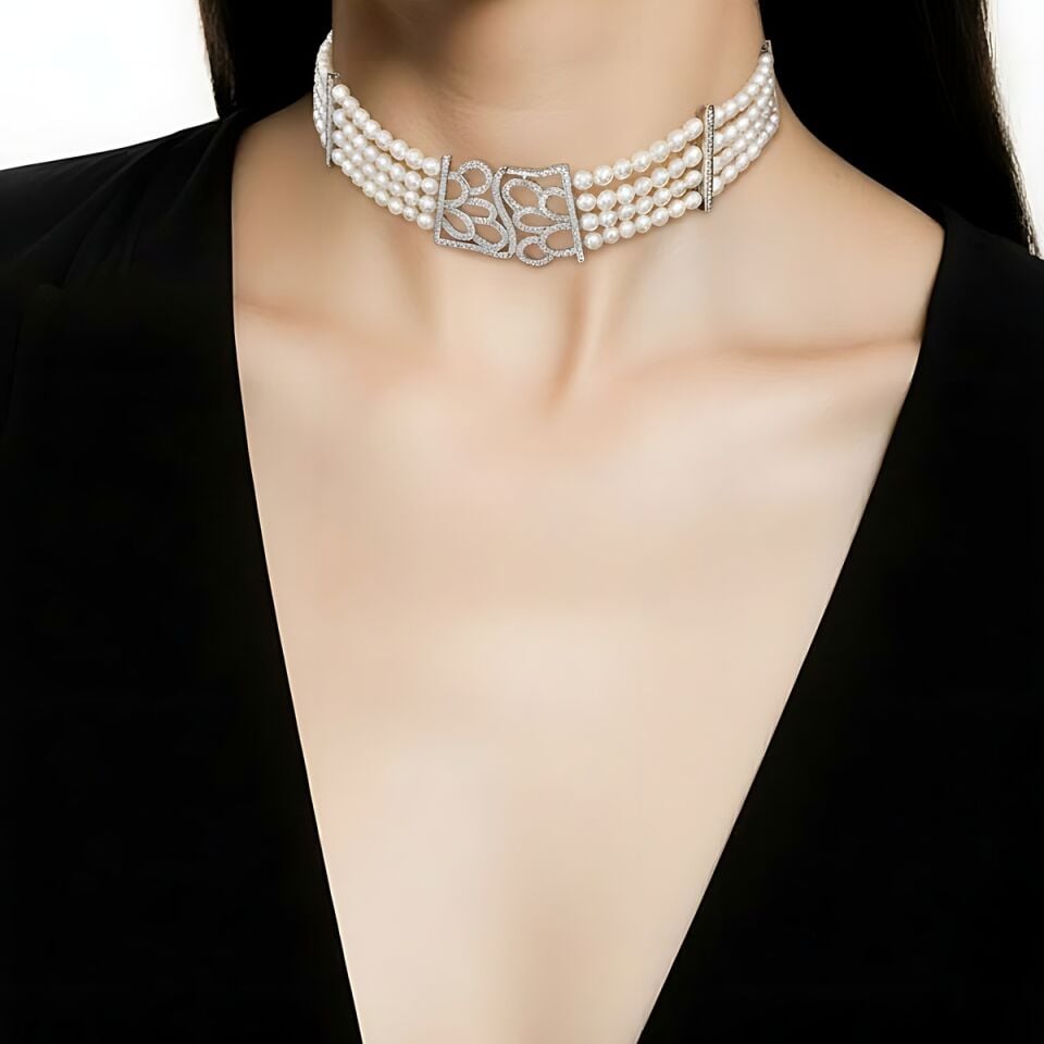 925 AYAR ÖZEL TASARIM İNCİLİ GÜMÜŞ GERDANLIK KOLYE