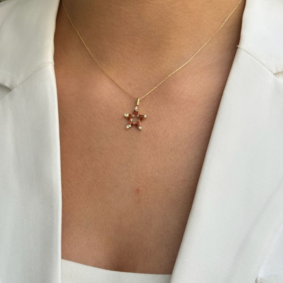 14 AYAR 0,54 CT AGAT, 0,12 CT PIRLANTA TAŞLI ÖZEL TASARIM YILDIZ KOLYE