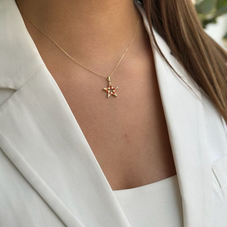 14 AYAR 0,54 CT AGAT, 0,12 CT PIRLANTA TAŞLI ÖZEL TASARIM YILDIZ KOLYE