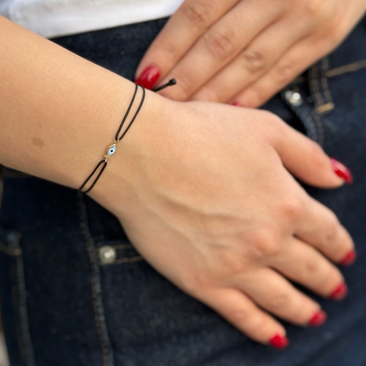 14 AYAR SİYAH İPLİ MAVİ MİNELİ BALIK BİLEKLİK