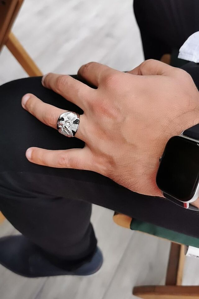 14 Ayar Özel Tasarım Siyah Oniks Taşlı Kartal Figürlü Beyaz Altın Yüzük 23