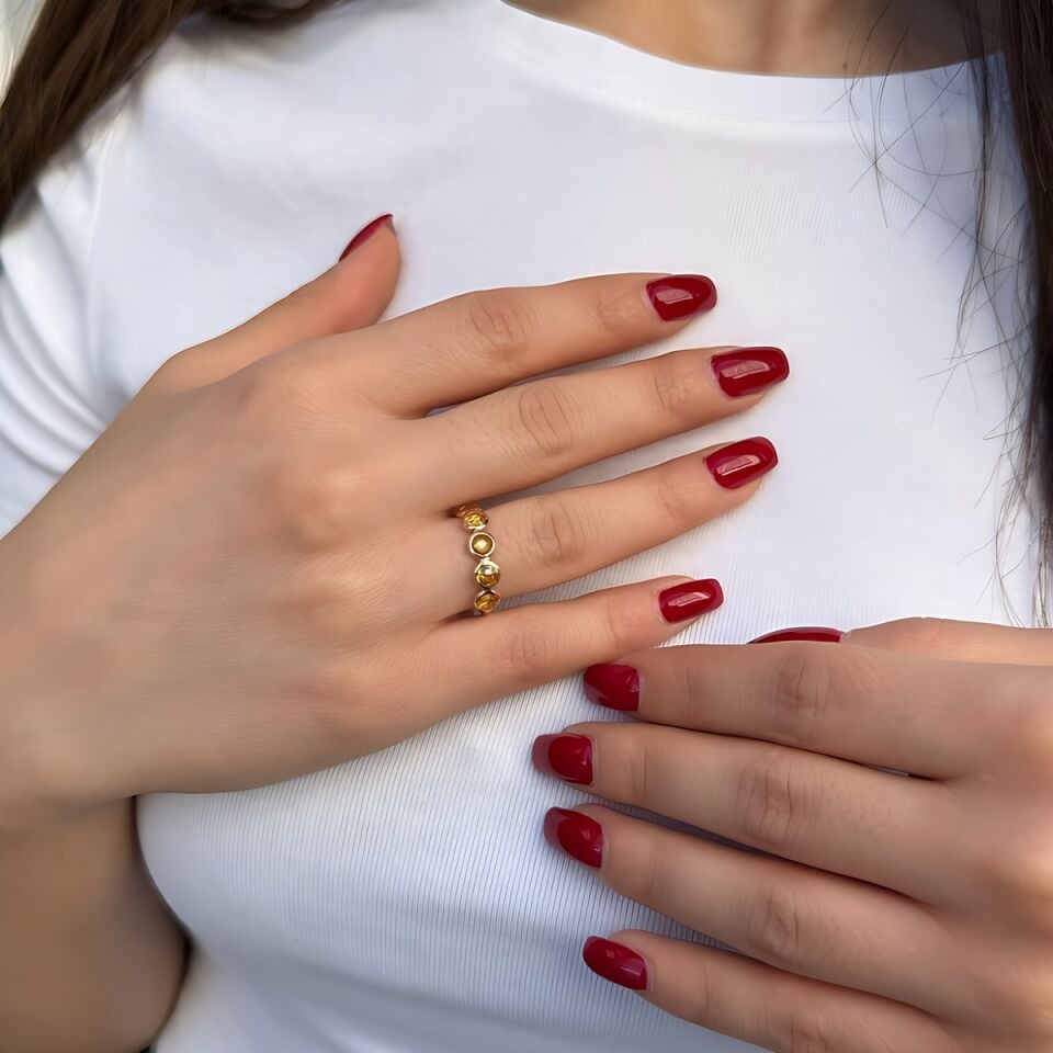 14 AYAR CİTRİN BEŞ TAŞLI ROSE RENGİ EL İŞİ ALTIN YÜZÜK