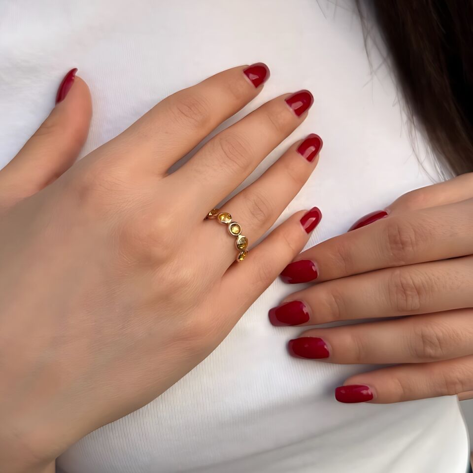 14 AYAR CİTRİN BEŞ TAŞLI ROSE RENGİ EL İŞİ ALTIN YÜZÜK