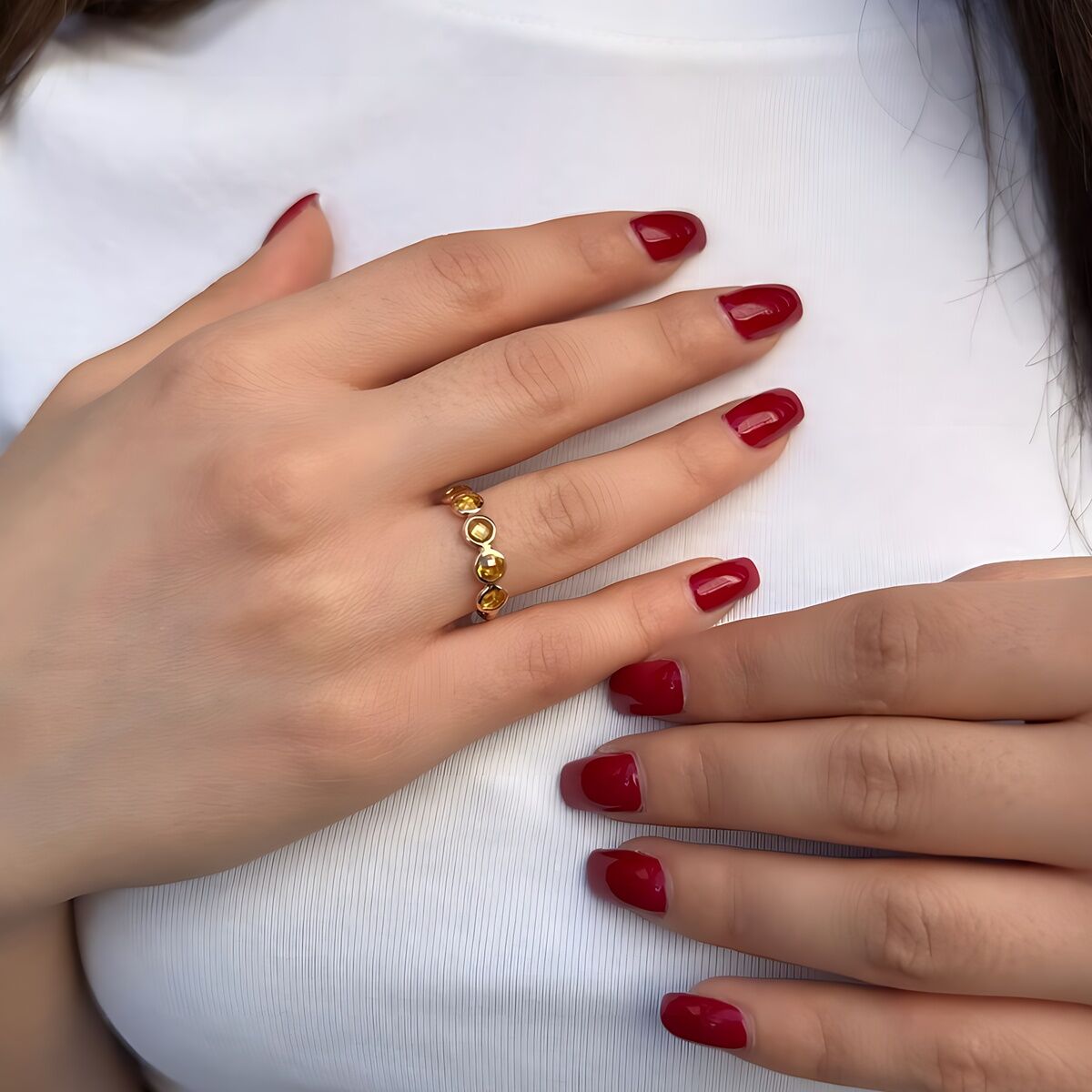 14 AYAR CİTRİN BEŞ TAŞLI ROSE RENGİ EL İŞİ ALTIN YÜZÜK