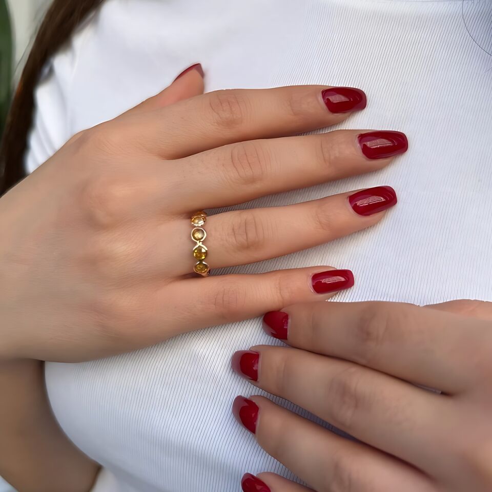 14 AYAR CİTRİN BEŞ TAŞLI ROSE RENGİ EL İŞİ ALTIN YÜZÜK