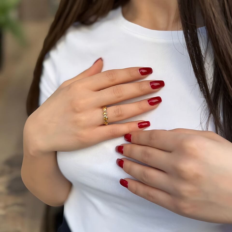 14 AYAR CİTRİN BEŞ TAŞLI ROSE RENGİ EL İŞİ ALTIN YÜZÜK