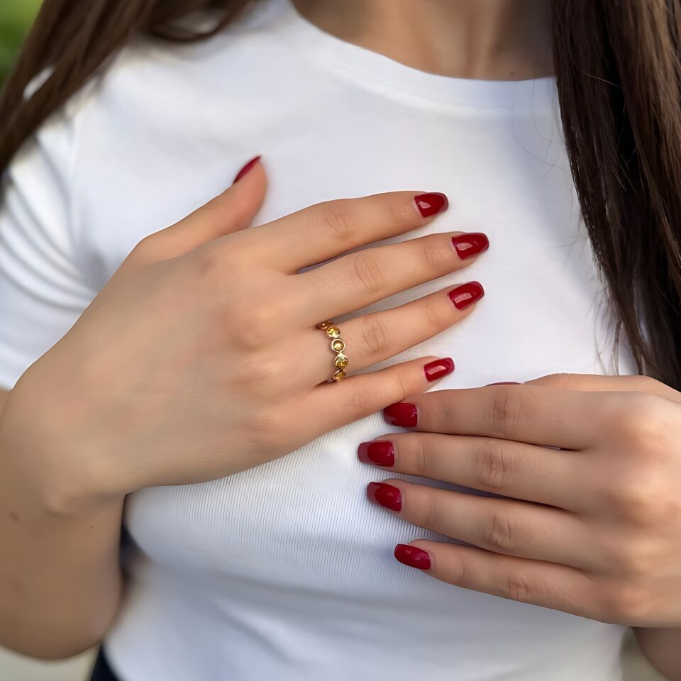 14 AYAR CİTRİN BEŞ TAŞLI ROSE RENGİ EL İŞİ ALTIN YÜZÜK