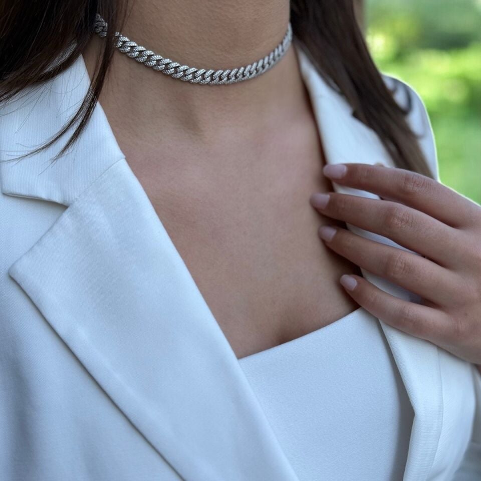 925 AYAR İTALYAN CHOCKER MODELİ PIRLANTA GÖRÜNÜMLÜ TAŞLI KOLYE