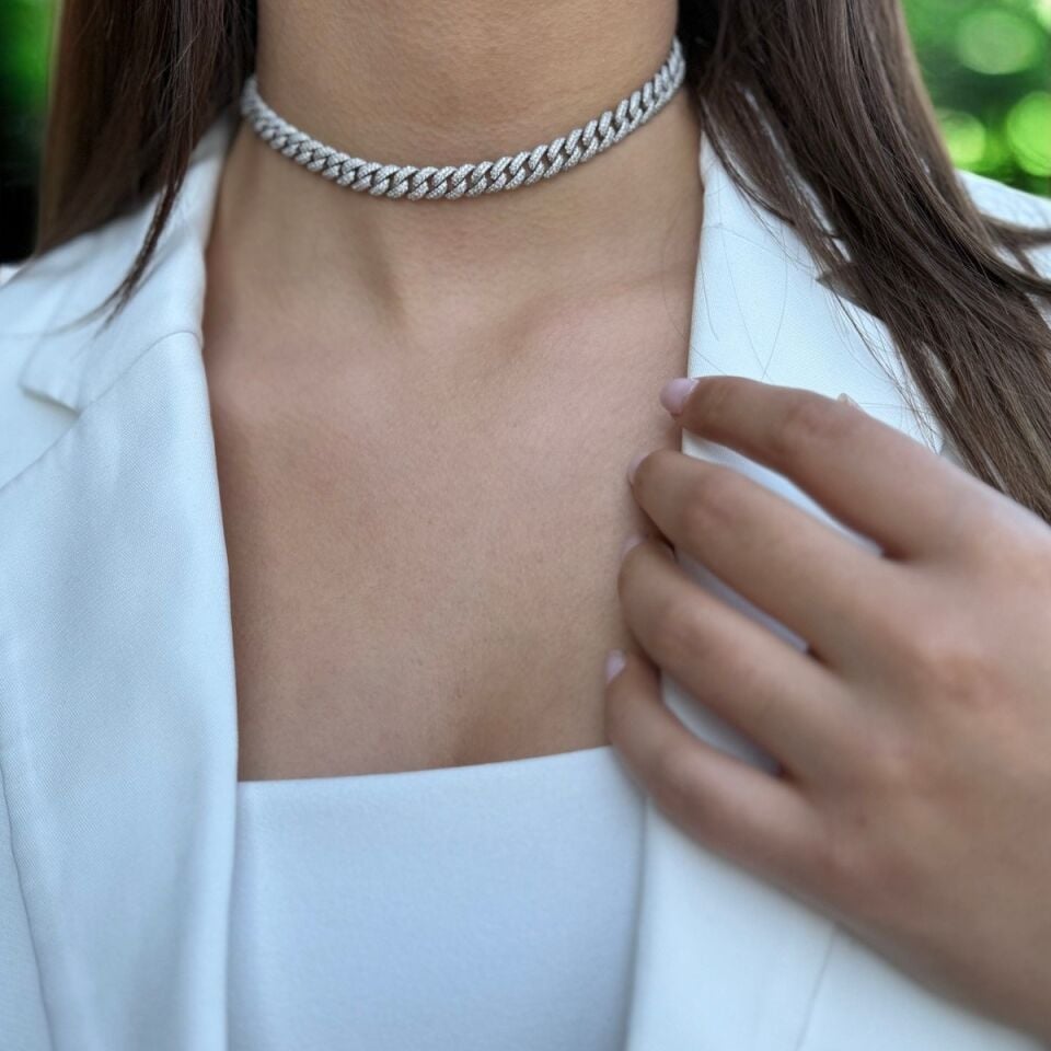 925 AYAR İTALYAN CHOCKER MODELİ PIRLANTA GÖRÜNÜMLÜ TAŞLI KOLYE