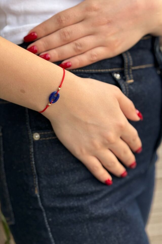 14 AYAR KIRMIZI İPLİ DÜĞME MODEL LAPİS AZURİT TAŞLI BİLEKLİK