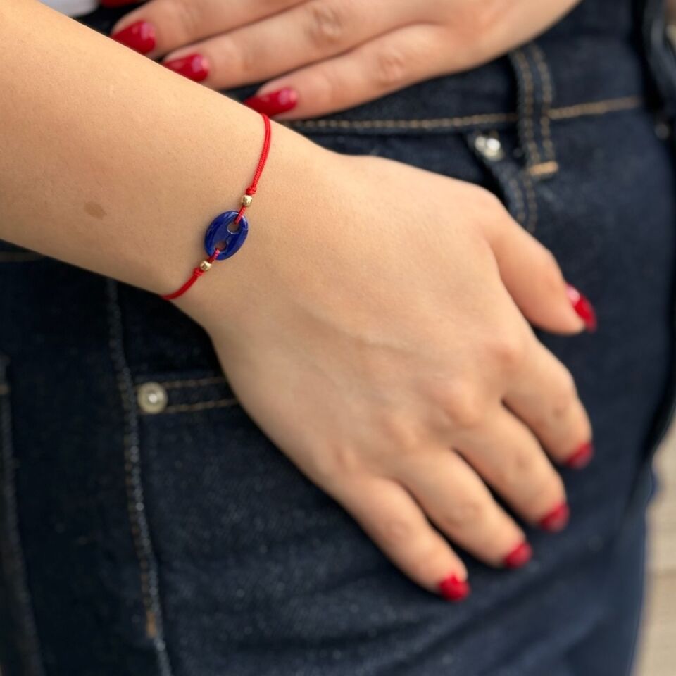 14 AYAR KIRMIZI İPLİ DÜĞME MODEL LAPİS AZURİT TAŞLI BİLEKLİK