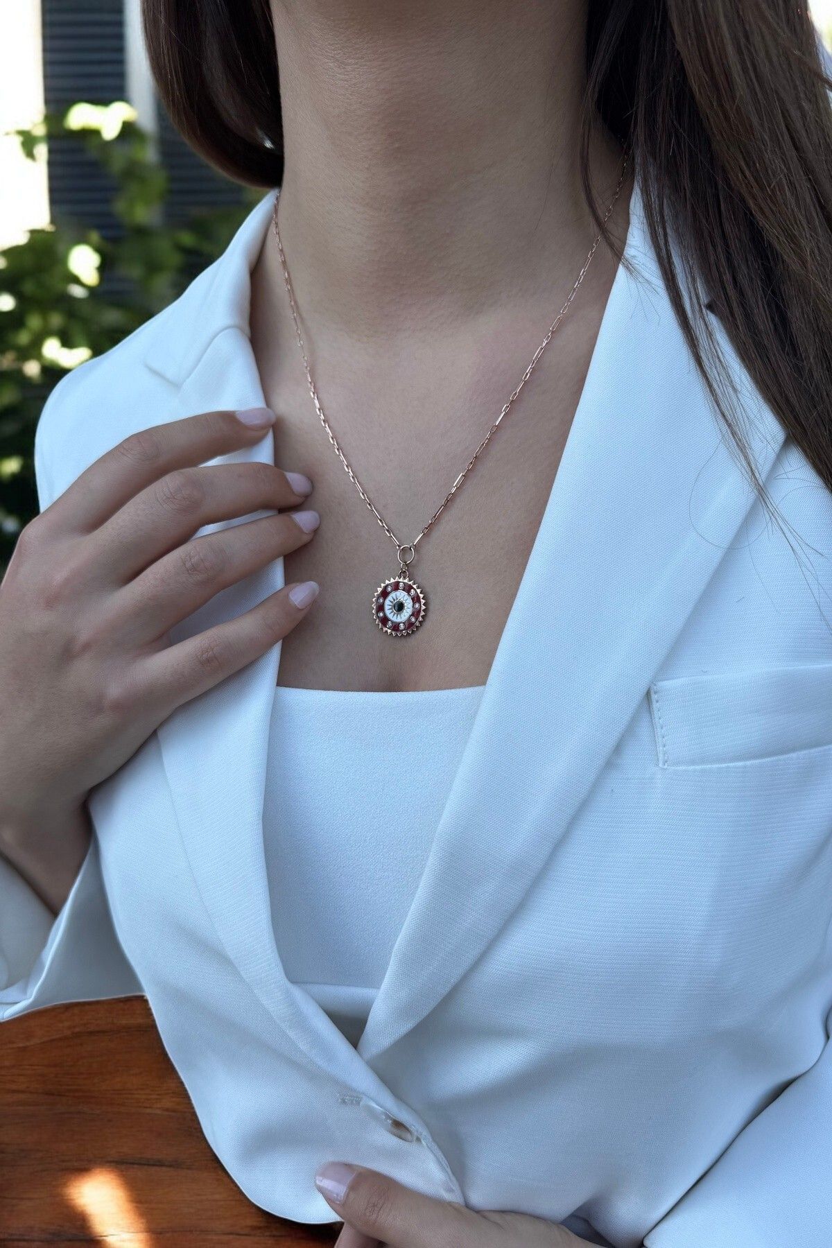925 AYAR BORDO MİNELİ ROSE RENGİ TASARIM MADALYON KOLYE
