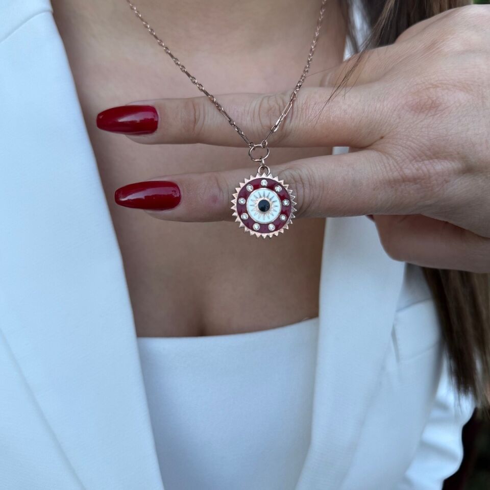 925 AYAR BORDO MİNELİ ROSE RENGİ TASARIM MADALYON KOLYE