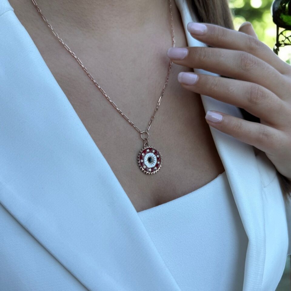 925 AYAR BORDO MİNELİ ROSE RENGİ TASARIM MADALYON KOLYE