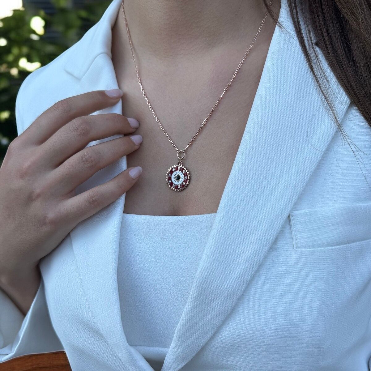 925 AYAR BORDO MİNELİ ROSE RENGİ TASARIM MADALYON KOLYE
