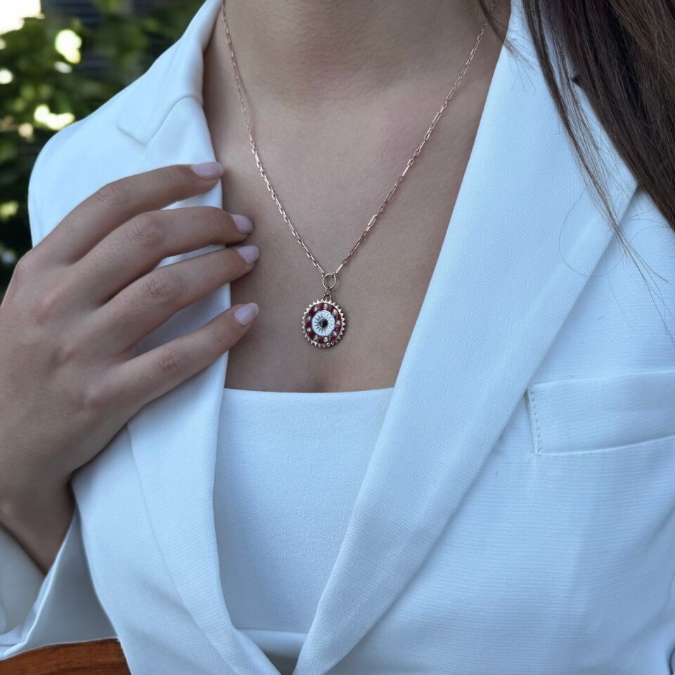 925 AYAR BORDO MİNELİ ROSE RENGİ TASARIM MADALYON KOLYE