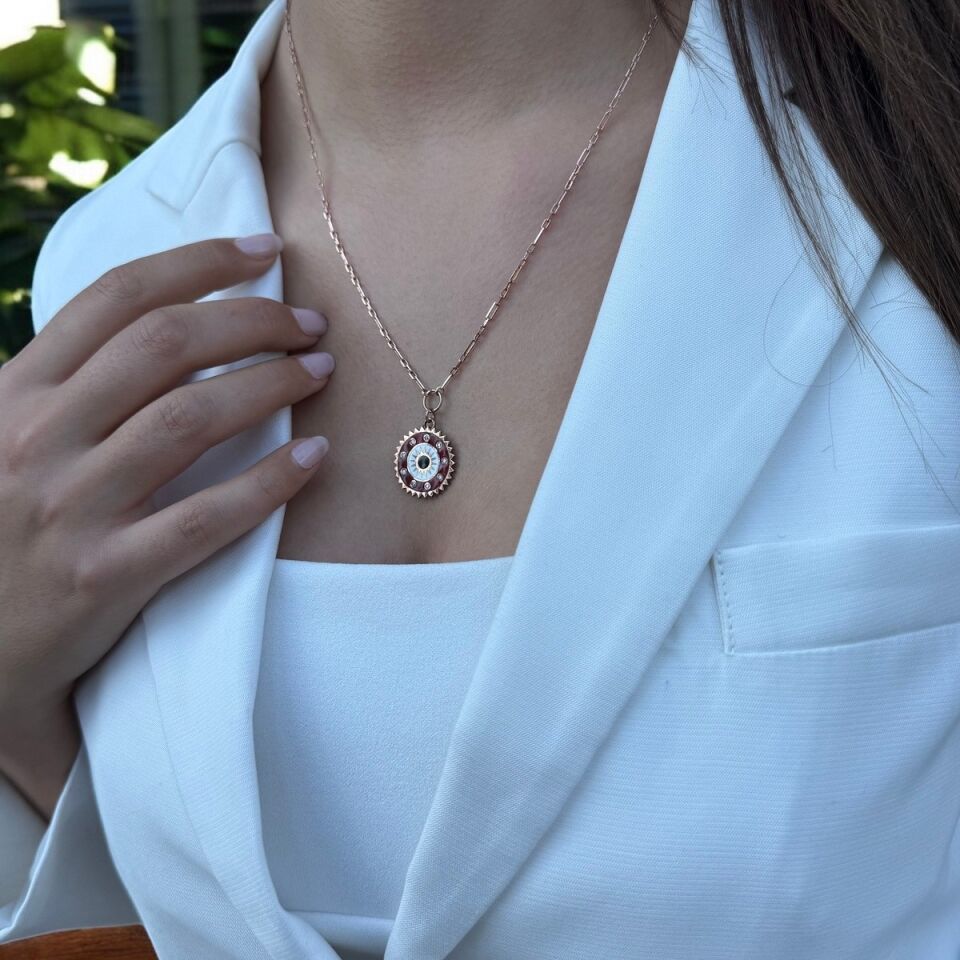 925 AYAR BORDO MİNELİ ROSE RENGİ TASARIM MADALYON KOLYE