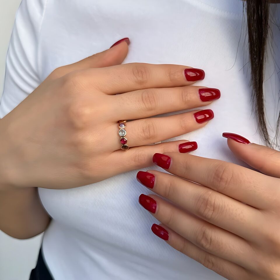 14 AYAR BEŞ RENKLİ TAŞLI ROSE RENGİ EL İŞİ ALTIN YÜZÜK