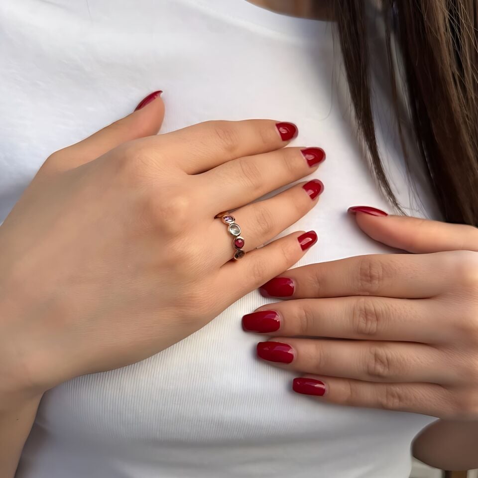 14 AYAR BEŞ RENKLİ TAŞLI ROSE RENGİ EL İŞİ ALTIN YÜZÜK