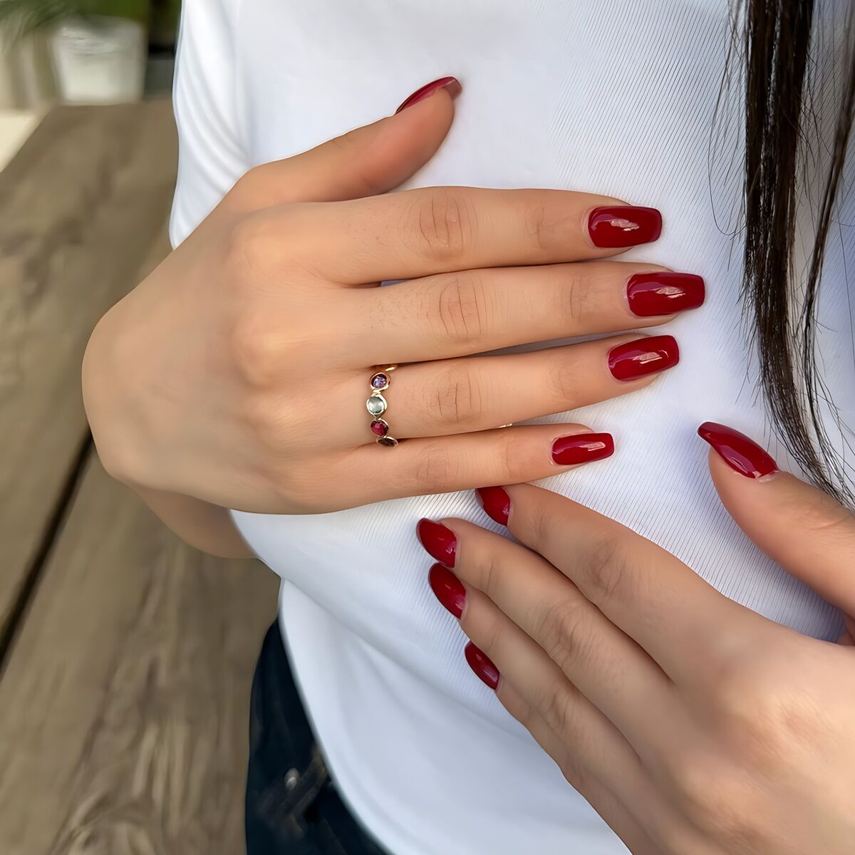 14 AYAR BEŞ RENKLİ TAŞLI ROSE RENGİ EL İŞİ ALTIN YÜZÜK