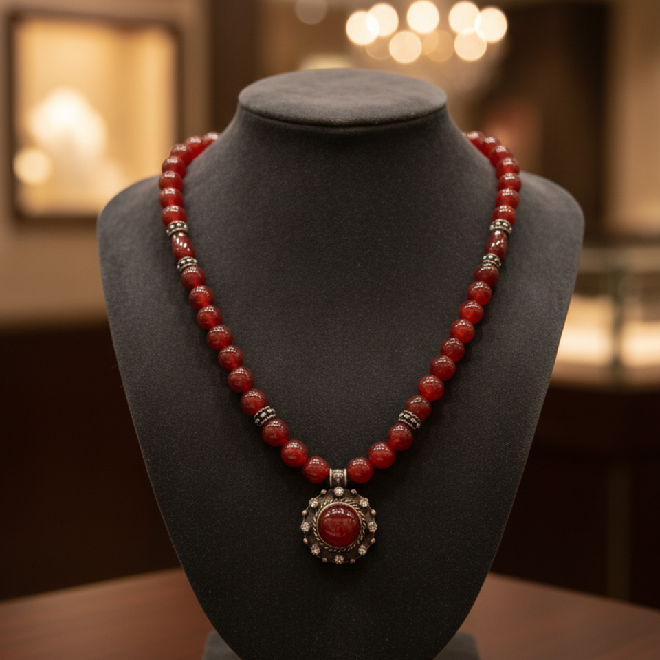 925 AYAR AKİK TAŞLI ANTİK GÜMÜŞ KOLYE