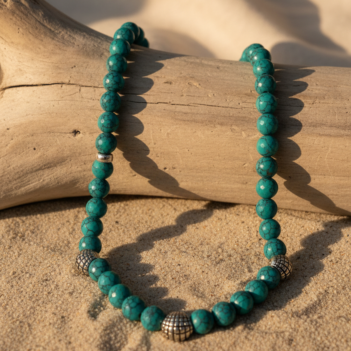 925 AYAR TURKUAZ TAŞLI MİDYE GÜMÜŞ PARÇALI TASARIM KOLYE