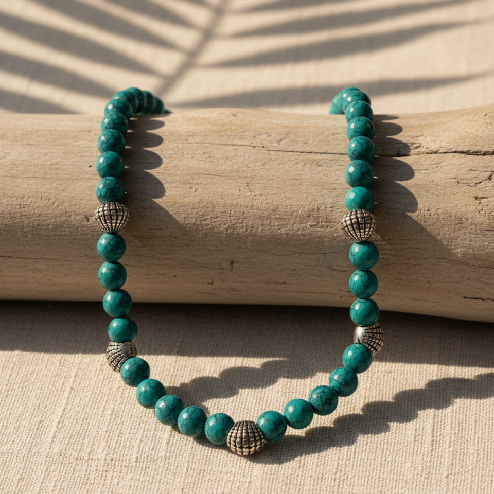 925 AYAR TURKUAZ TAŞLI MİDYE GÜMÜŞ PARÇALI TASARIM KOLYE