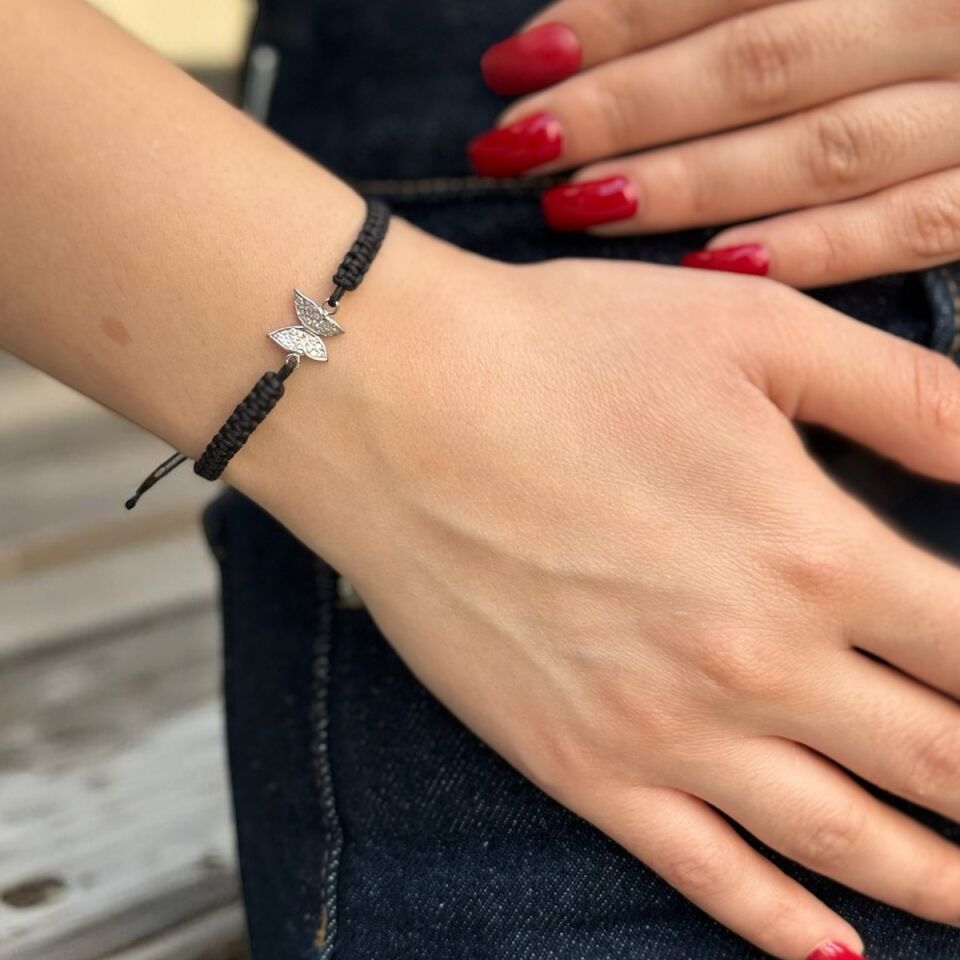 14 AYAR SİYAH İPLİ BEYAZ ALTIN TAŞLI KELEBEK BİLEKLİK