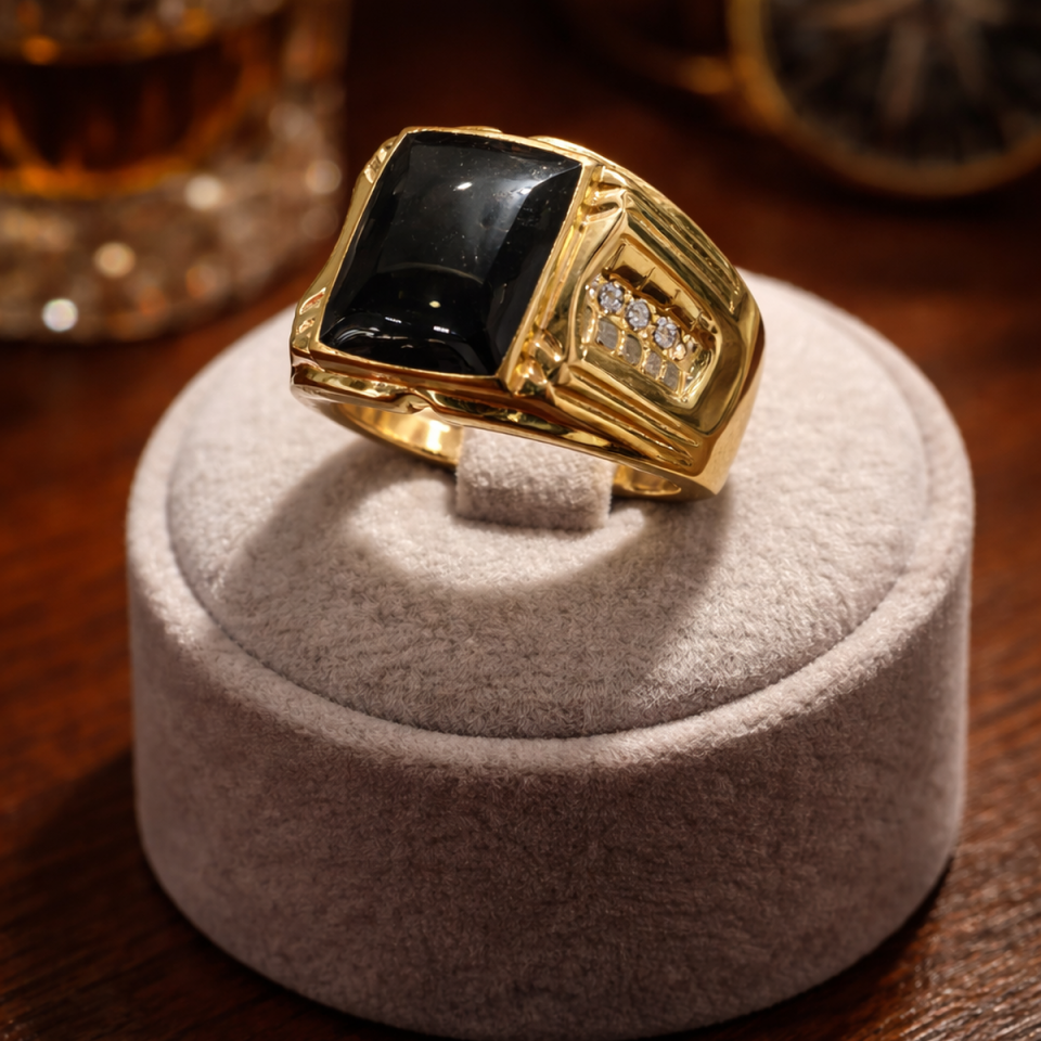 14 Ayar 0,12 Ct Pırlanta Taşlı Özel Tasarım Siyah Oniks Taşlı Altın Yüzük