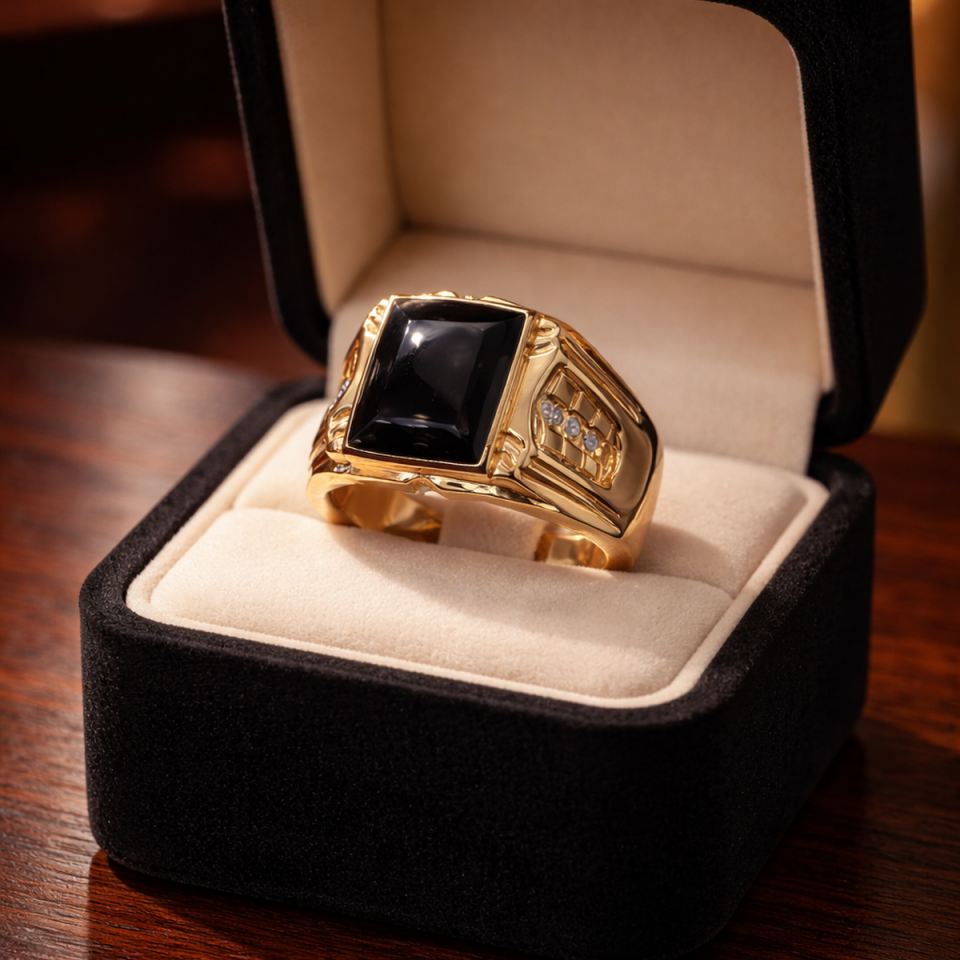 14 Ayar 0,12 Ct Pırlanta Taşlı Özel Tasarım Siyah Oniks Taşlı Altın Yüzük