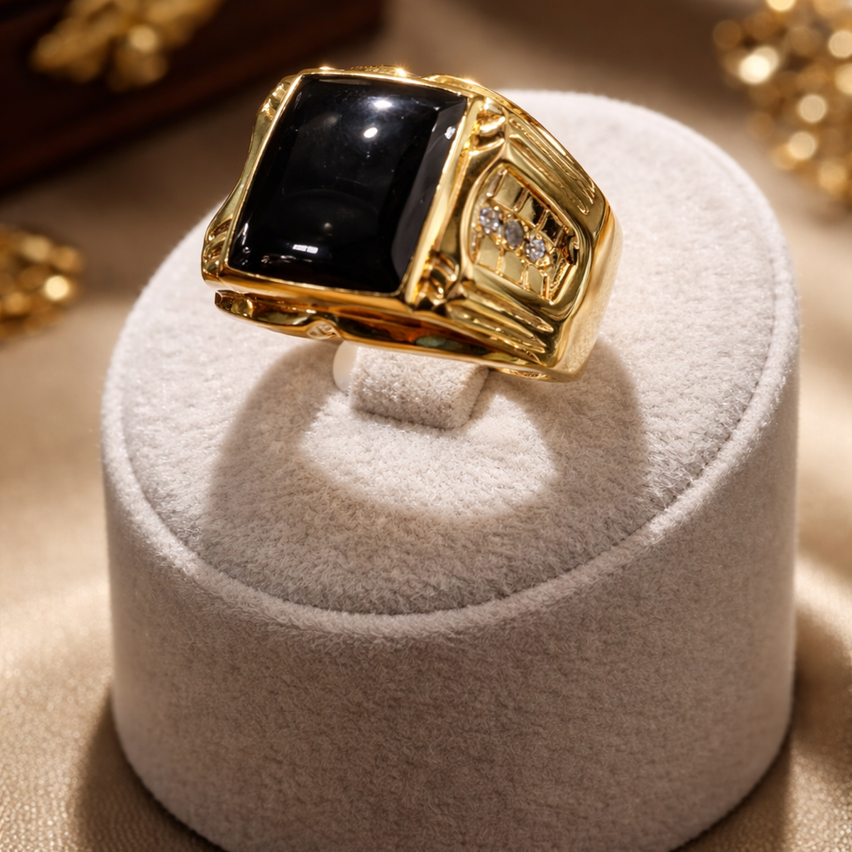 14 Ayar 0,12 Ct Pırlanta Taşlı Özel Tasarım Siyah Oniks Taşlı Altın Yüzük