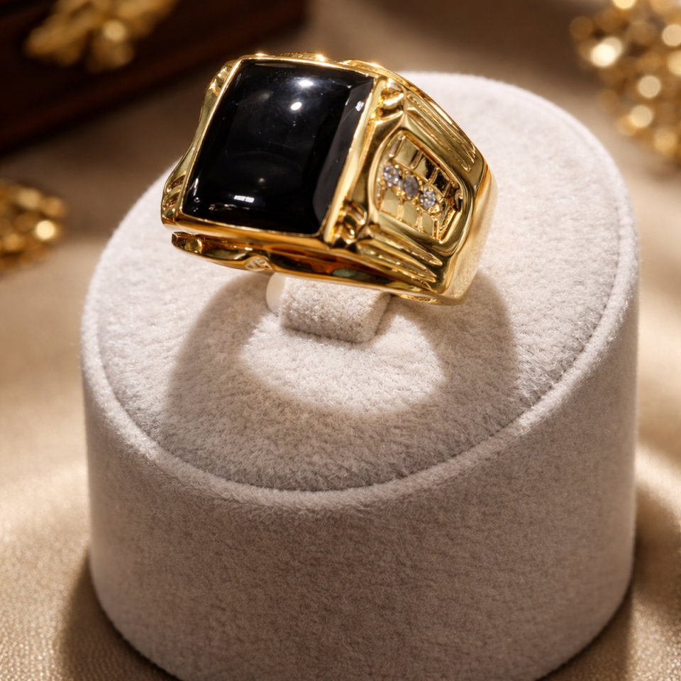 14 Ayar 0,12 Ct Pırlanta Taşlı Özel Tasarım Siyah Oniks Taşlı Altın Yüzük