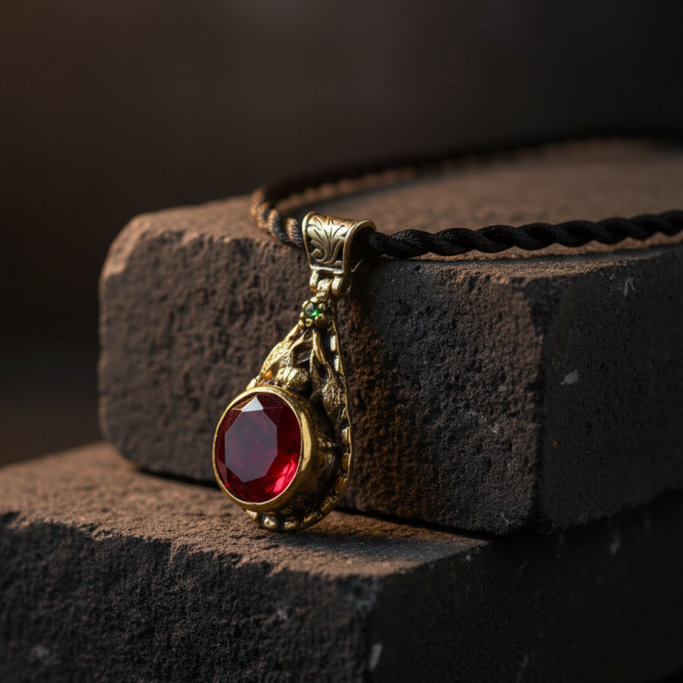 925 AYAR LAL TAŞLI ANTİK GÜMÜŞ KOLYE