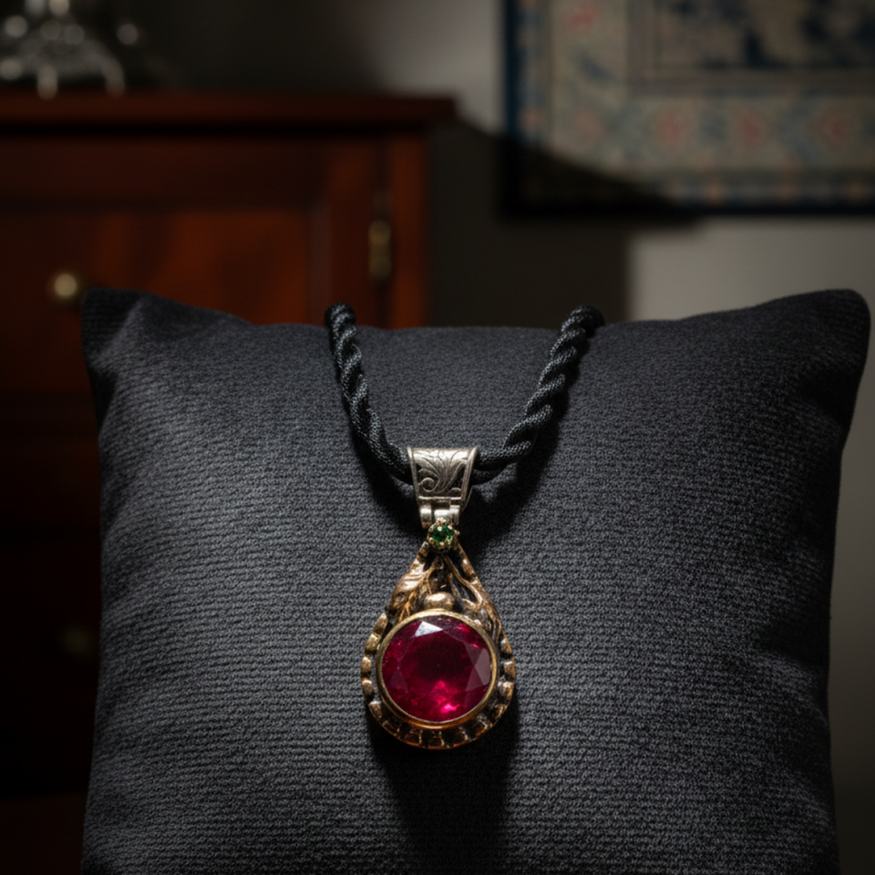 925 AYAR LAL TAŞLI ANTİK GÜMÜŞ KOLYE