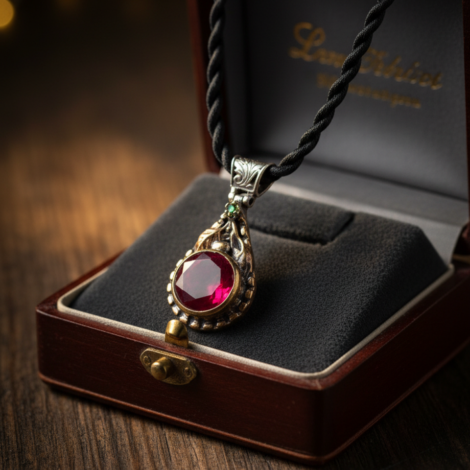 925 AYAR LAL TAŞLI ANTİK GÜMÜŞ KOLYE