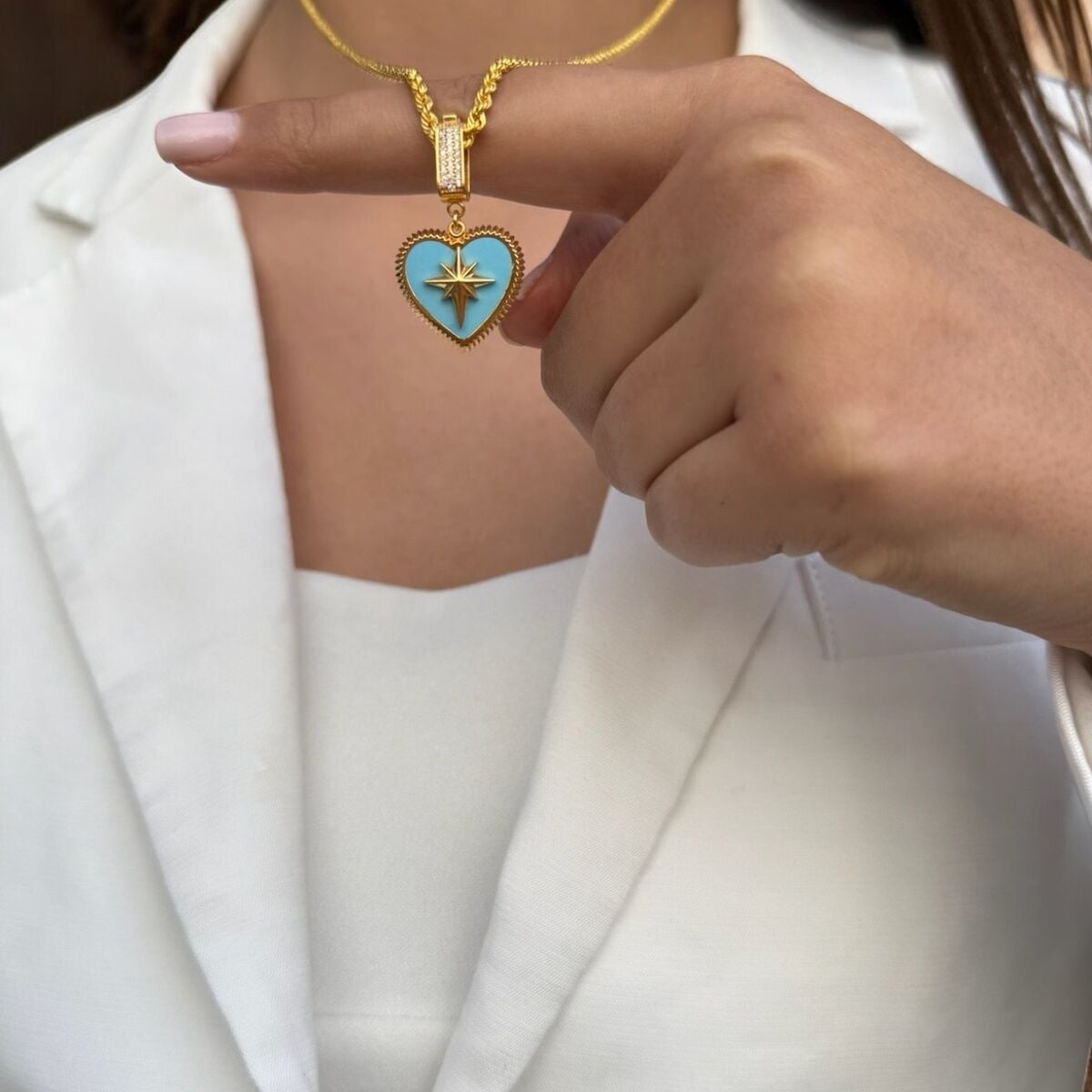 22 AYAR ÖZEL TASARIM MAVİ MİNELİ KALPLİ KUTUP YILDIZI KOLYE UCU