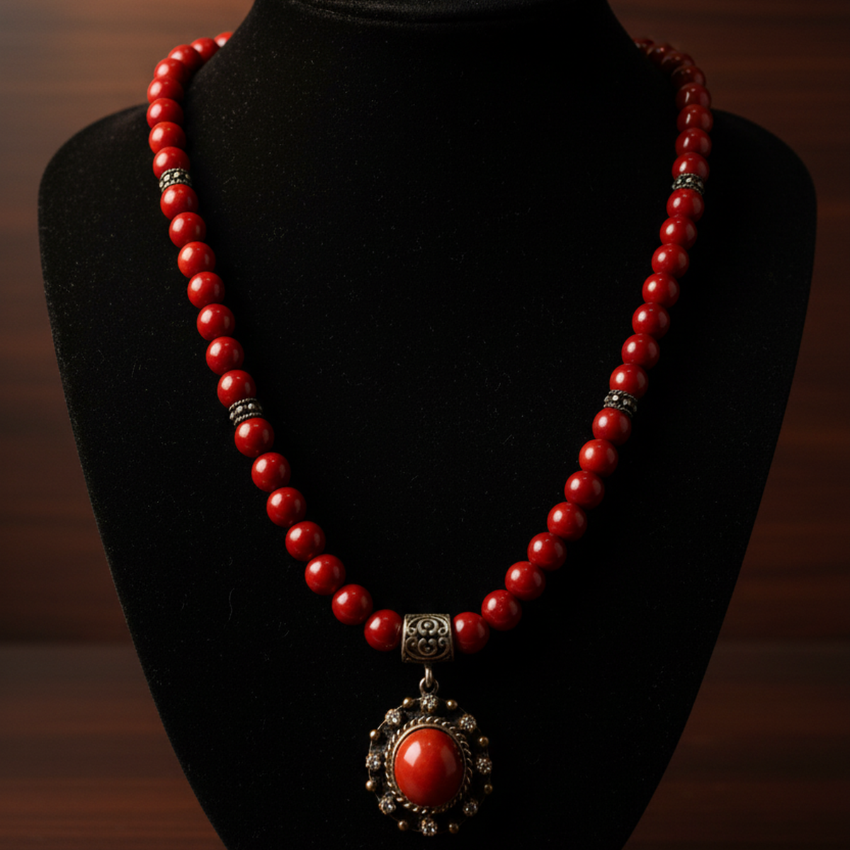 925 AYAR DOKULU MERCAN TAŞLI ANTİK GÜMÜŞ KOLYE