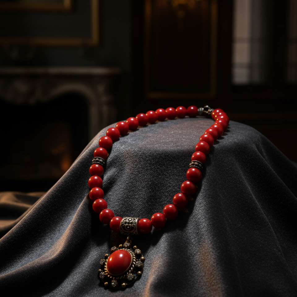 925 AYAR DOKULU MERCAN TAŞLI ANTİK GÜMÜŞ KOLYE