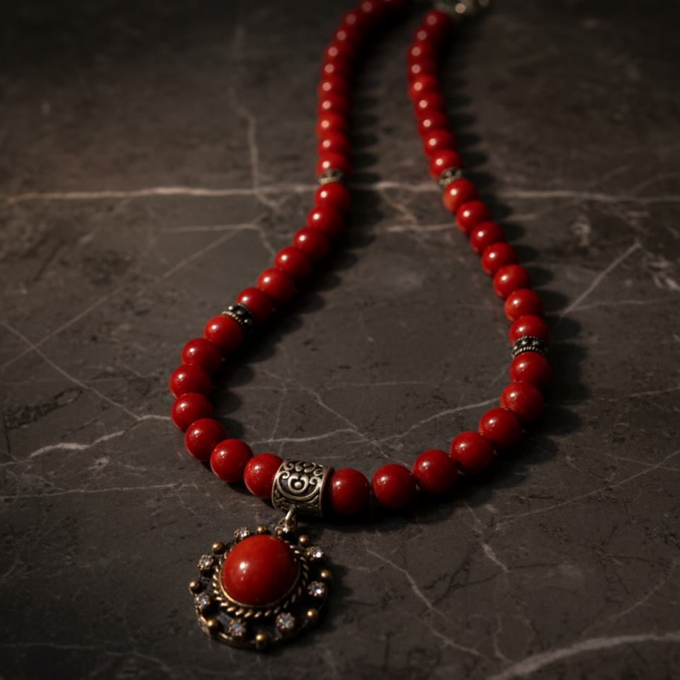 925 AYAR DOKULU MERCAN TAŞLI ANTİK GÜMÜŞ KOLYE