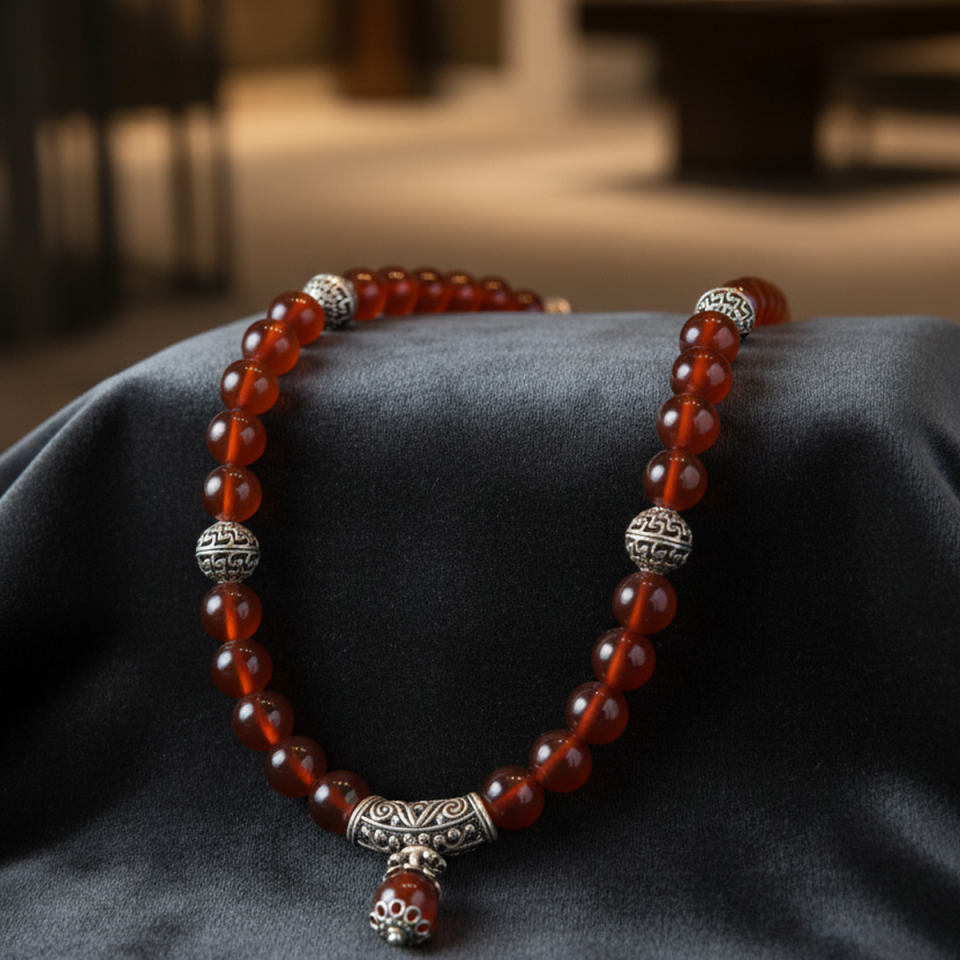 925 AYAR AKİK TAŞLI ANTİK GÜMÜŞ KOLYE