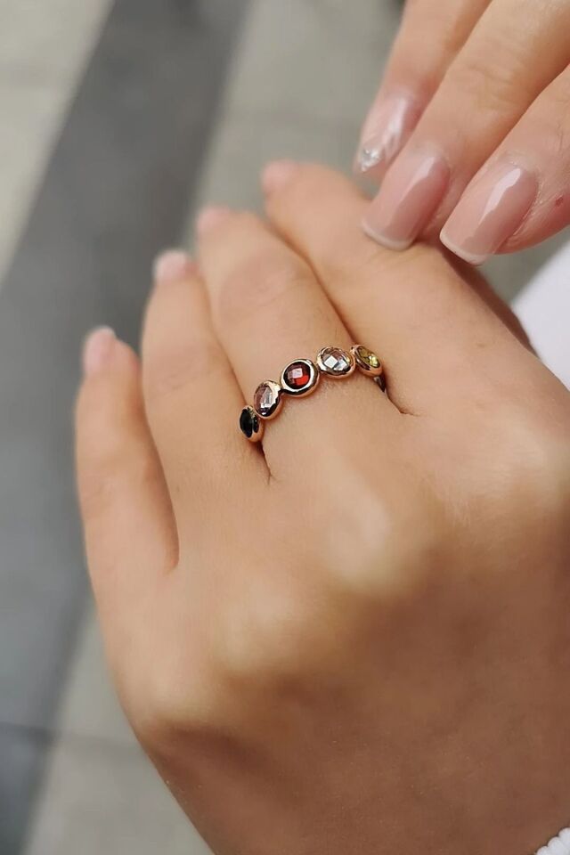 14 AYAR BEŞ RENKLİ TAŞLI ROSE RENGİ EL İŞİ ALTIN YÜZÜK