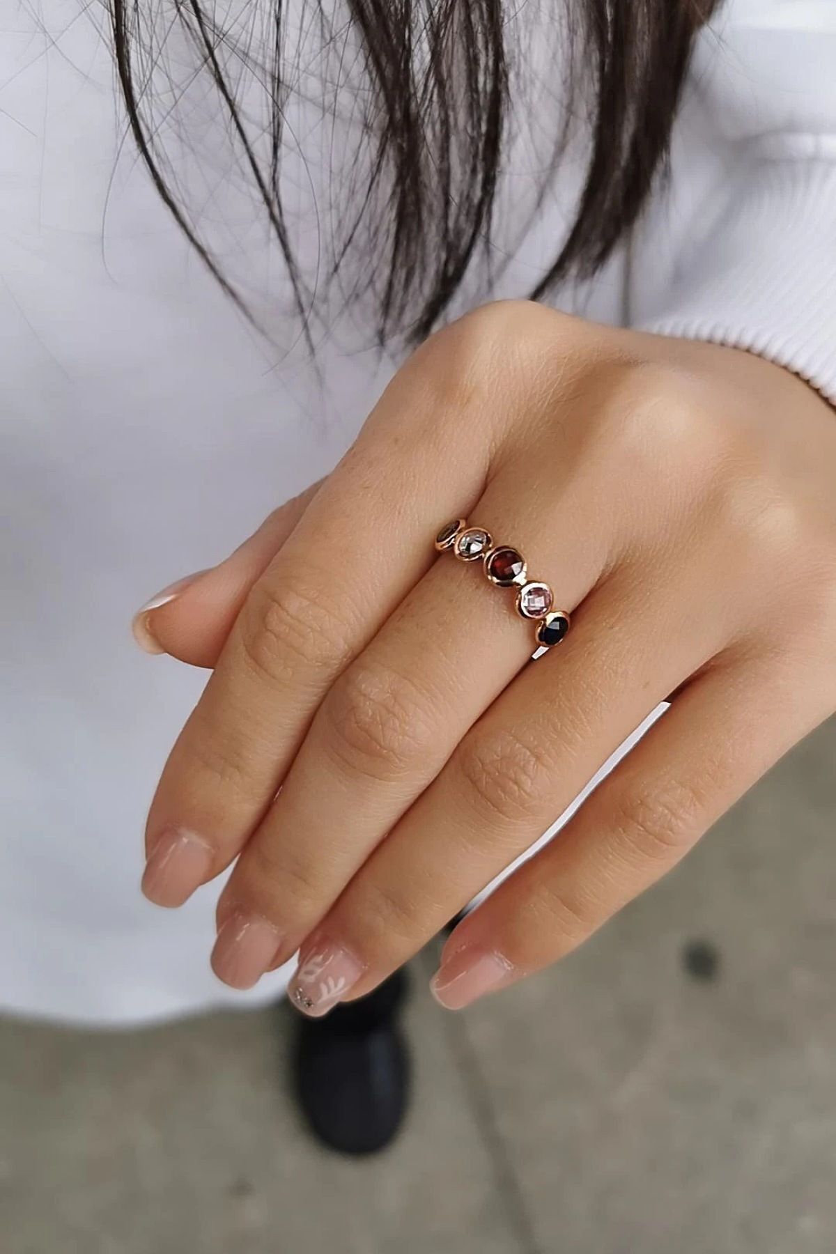 14 AYAR BEŞ RENKLİ TAŞLI ROSE RENGİ EL İŞİ ALTIN YÜZÜK