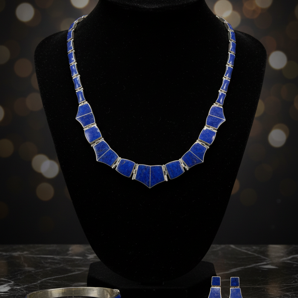 925 AYAR ORJİNAL LAPİS LAZULİ TAŞLI ÖZEL TASARIM ÜÇLÜ TAKIM