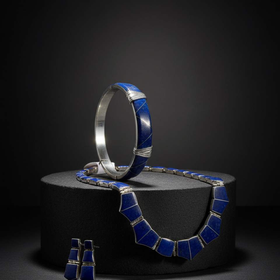 925 AYAR ORJİNAL LAPİS LAZULİ TAŞLI ÖZEL TASARIM ÜÇLÜ TAKIM