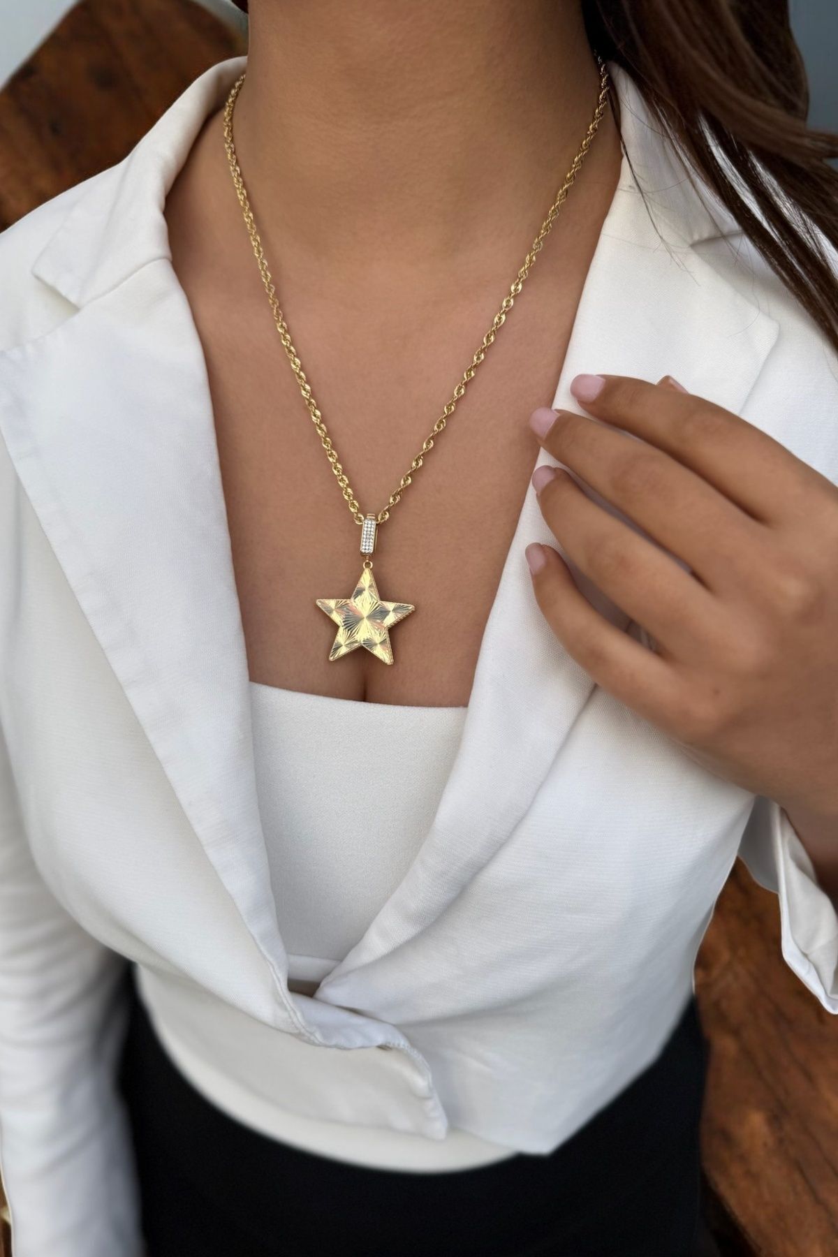 14 Ayar Özel Tasarım Halat Zincirli Çift Taraflı Büyük Boy Yıldız Kolye