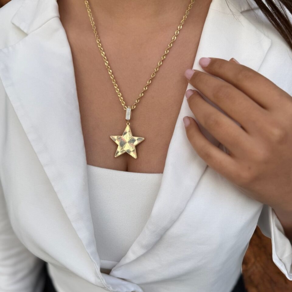 14 Ayar Özel Tasarım Halat Zincirli Çift Taraflı Büyük Boy Yıldız Kolye