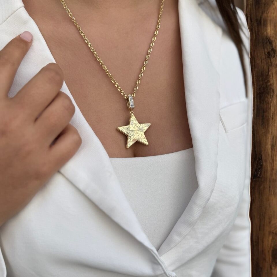 14 Ayar Özel Tasarım Halat Zincirli Çift Taraflı Büyük Boy Yıldız Kolye