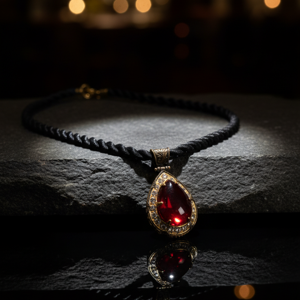 925 AYAR LAL TAŞLI ANTİK GÜMÜŞ KOLYE